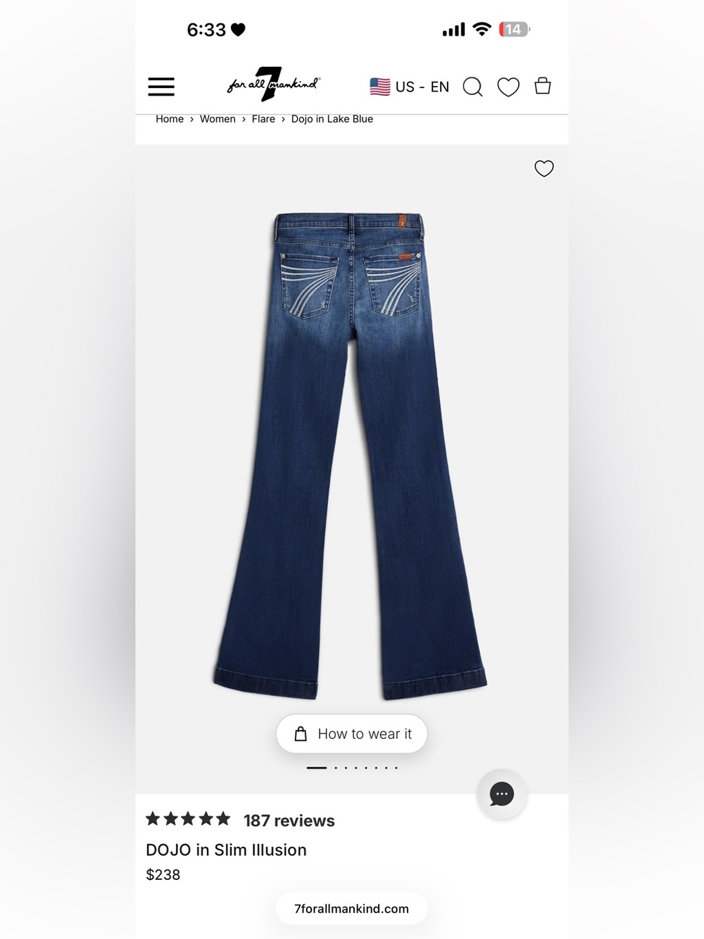 7 For All Mankind Dark Blue Flare Jeans with Curved Pocket Stitching